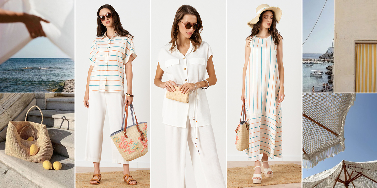 Наряды для отпуска из коллекции NELVA: рубашка арт. 23265, брюки арт. 31130, удлиненная молочная блуза арт. 23189, брюки арт. 31131, сарафан в полоску арт. 51667