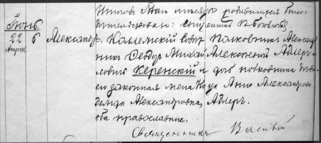 Метрическая запись о рождении и крещении Александра Керенского в Тихвинской церкви города Симбирска 6 июня 1881 года