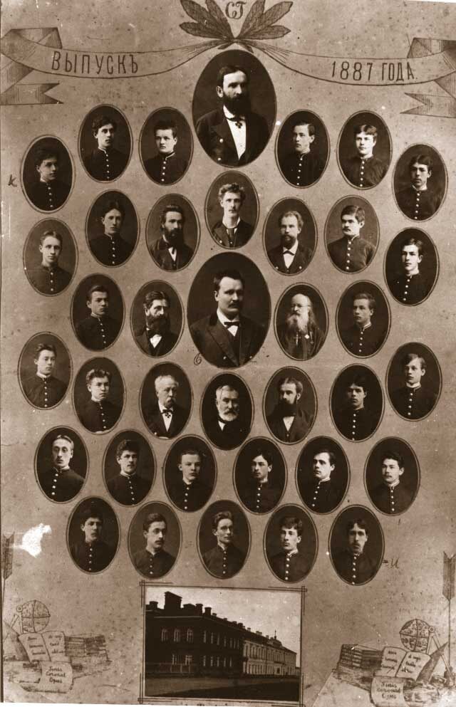 Выпускная фотография класса Владимира Ульянова, 1887 год. В центре — директор Ф.М. Керенский. В. Ульянов — третий слева во втором ряду снизу