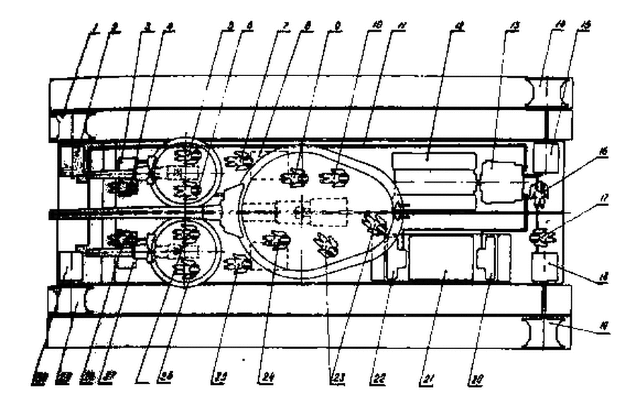 Компоновочная схема танка ВЛ-С1: 1,14,19,29 — ведущие колеса; 2,15,18,30 — тяговый электродвигатель; 3 — входной люк радиста; 4 — радист; 5,23 — заряжающий; 6,9,24,26 — наводчик; 7 — помощник командира по технической части; 8 — нижний входной люк; 10 — командир; 11 — силовые электрокабели; 12 — двигатель; 16 — моторист; 17,28 — механик-водитель; 20 — вытяжной вентилятор; 21 — радиатор; 22 — втяжной вентилятор; 25 — электрик; 27 — входной люк механика водителя.