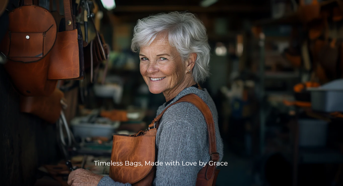 Шапка главной страницы  grace-bags.com. Надпись:  «Долговечные сумки. Сделаны Грейс с любовью». Очень живое фото, не правда ли?