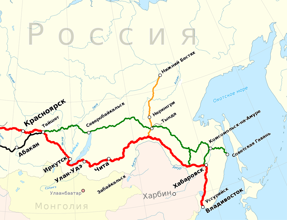 © Андрей Перцев / Wikimedia Commons / CC BY-SA 4.0 (Красным — Транссиб, Зеленым — БАМ, Оранжевым — АЯМ)