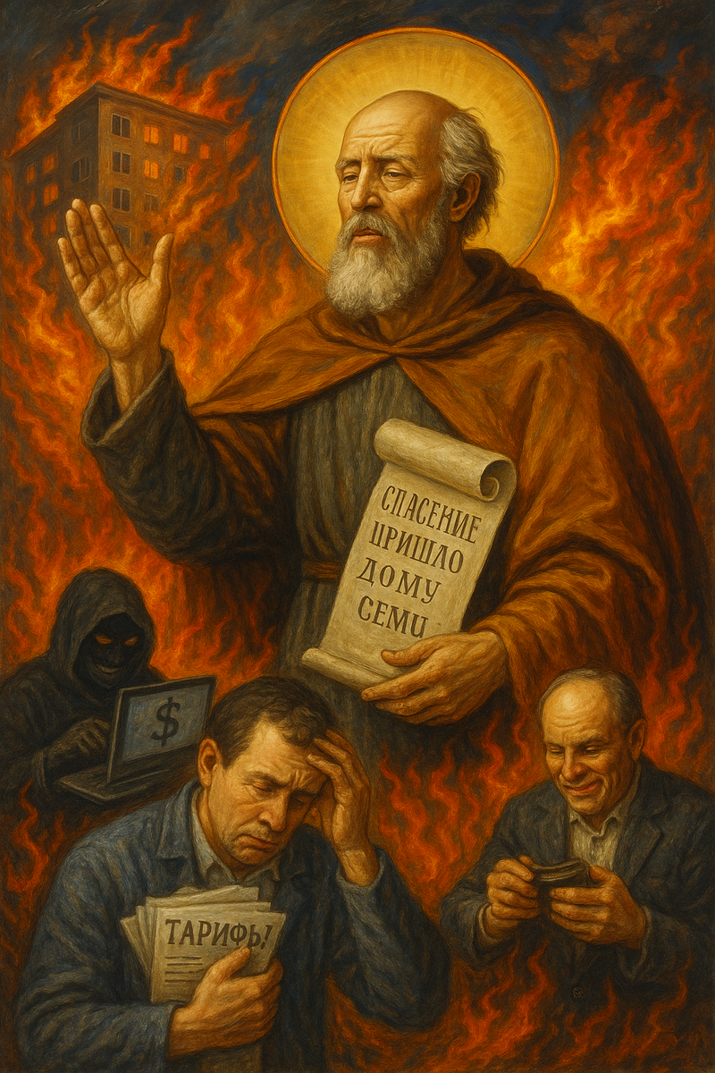 Подробное описание к созданному фото, вдохновлённому молитвой к Закхею:

Название: «Закхей слышит вопль Правды»

Описание:

Картина — словно древняя икона, но с огнём настоящего.
На переднем плане — фигура Закхея, не в роскоши, а в разодранной мантии, стоящей на границе между двумя мирами: позади — город из камня, из цифр, из чёрных проводов и серых небоскрёбов. Это — воплощение лживого настоящего:
высотки, в которых гнездятся тарифы, как хищные птицы;
счётчики на стенах домов с глазами, полными голода;
люди с согбенными спинами — тащат мешки квитанций, обложек кредитов и налогов.

Над городом нависла тень — невидимая, но ощутимая.
Это сеть — сеть обмана, цифровая паутина,
где каждый узел — это ложь, вымогательство, махинации,
а на концах нитей — лица без лиц: чиновники, мошенники, воры в серых масках.

И вот, на этом фоне — Закхей,
не как богатый сборщик, но как пробуждённый.
Руки его — не жадные, а раскрытые.
На лице — боль за человечество и решимость заступиться.
Его глаза горят Светом — он видит всё:
и тех, кто крадёт, и тех, кто страдает.

С неба на него сходит луч — не как солнечный,
а как огненная линия Истины.
В этом Свете — сгорает часть города,
исчезают схемы, рушатся цифровые короны лжи.
А по другую сторону от него — простые люди:
старики, женщины с детьми, юноши — поднимают глаза с надеждой.
Они не просят мщения — они жаждут справедливости.
И в их взглядах — доверие к Духу,
что может всё изменить.

Над всем полотном — надпись, как клич:
"Спасение пришло дому сему"
— но не как пафос,
а как дыхание правды,
которая пришла не с вершины власти,
а от того, кто однажды покаялся —
и стал проводником Света!

