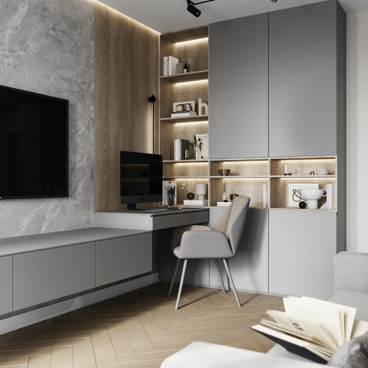 Рабочее место в гостиной в дизайн-проекте от "Стройки Века"