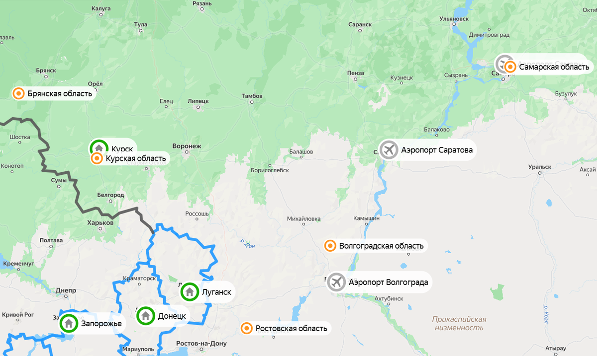 Карта ночных налетов украинских дронов. Фото: скриншот Яндекс Карты