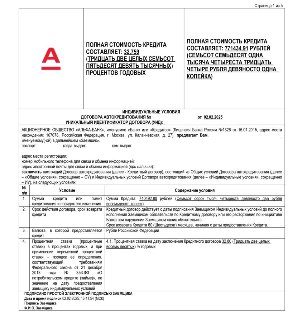 Кредитный договор в Альфа-Банк