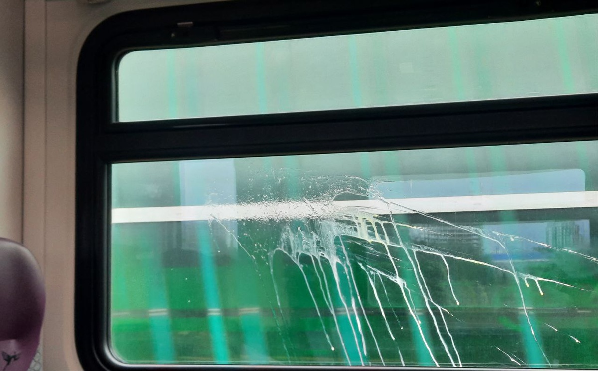 Дети кинули яйцо в стекло поезда