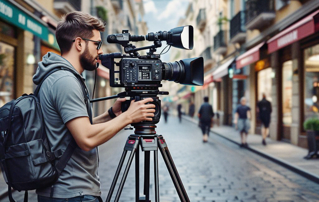 изображен человек, который работает с профессиональной видеокамерой на улице