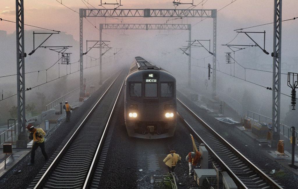 поезд, который движется по железнодорожным путям в условиях тумана. Вокруг поезда видны железнодорожные опоры и контактная сеть