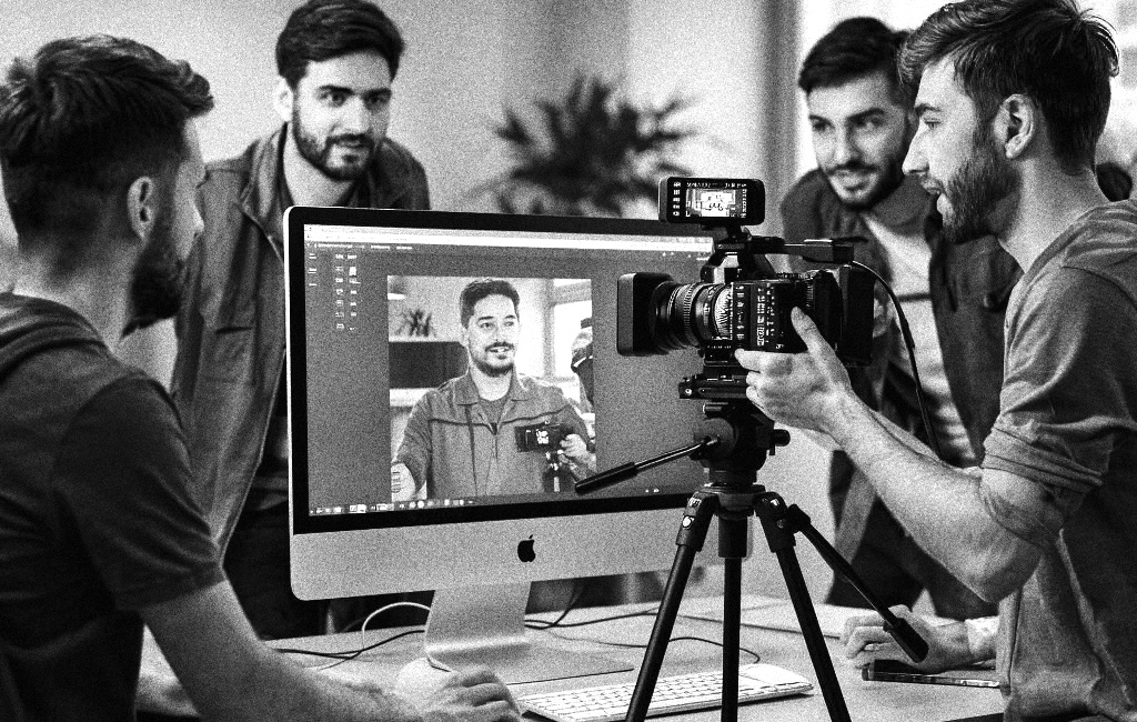 Оператор держит видеокамеру, направляя её на монитор компьютера, на котором видно изображение человека, вероятно, ведущего прямую трансляцию или записывающего видео. Остальные участники команды внимательно следят за процессом.
