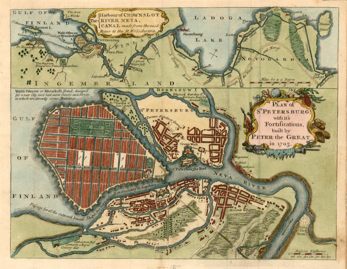 План Санкт-Петербурга с его укреплениями, построенными Петром Великим в 1703 году.