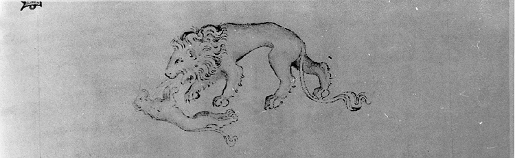 лёв дышит на минилёву, оживляя его. Английская Псалтирь четырнадцатого столетия