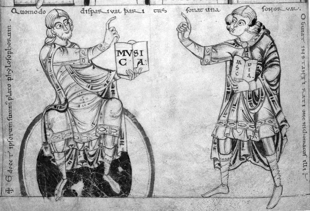 Изображение Никомаха (справа) и Платона в рукописи XII в. из библиотеки Кембриджского университета. Платон держит в руках большую книгу под названием Musica; одноименная книга у Никомаха размером поменьше. По периметру миниатюры гекзаметрами написано:    Платон, высший из этих философов, поучает,    Как равенство неравного дает Единое в звуках.    Ему в теории ревностно следует Никомах