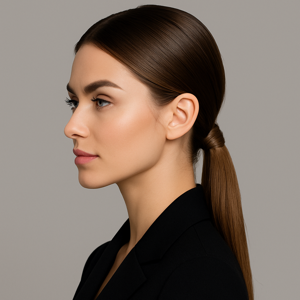 Девушка в офисном образе с гладким низким хвостом