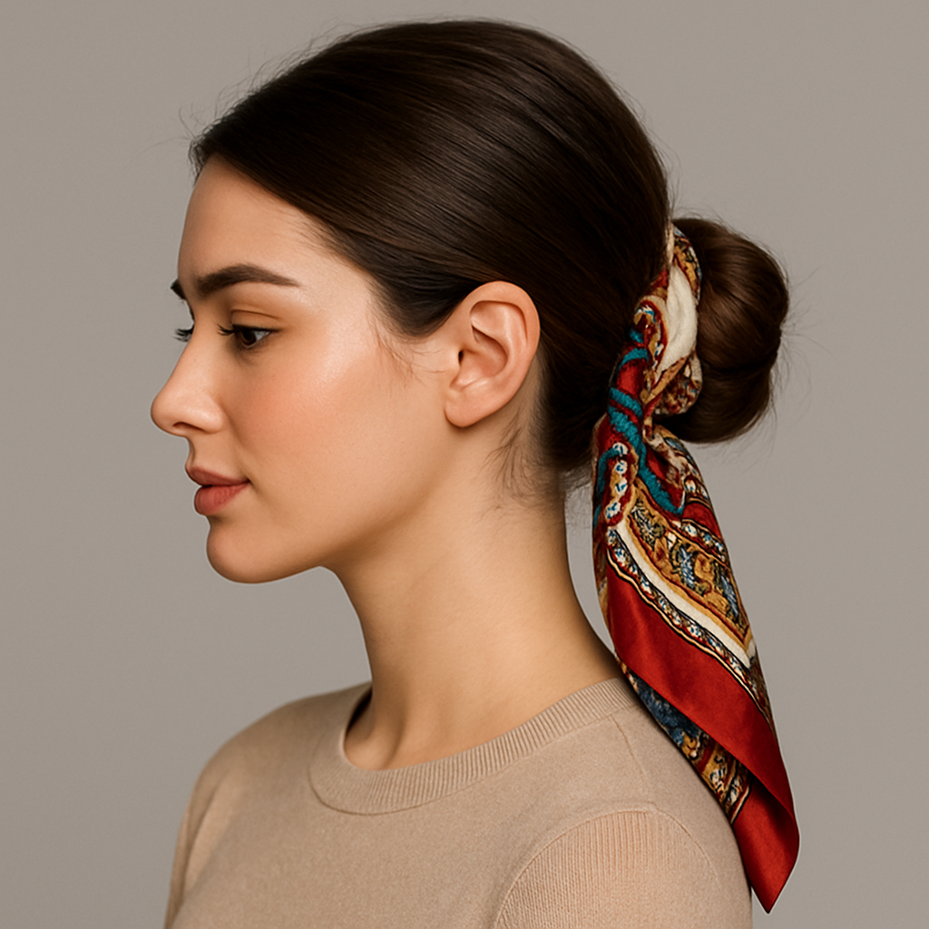 Молодая женщина с пучком и цветным платком
