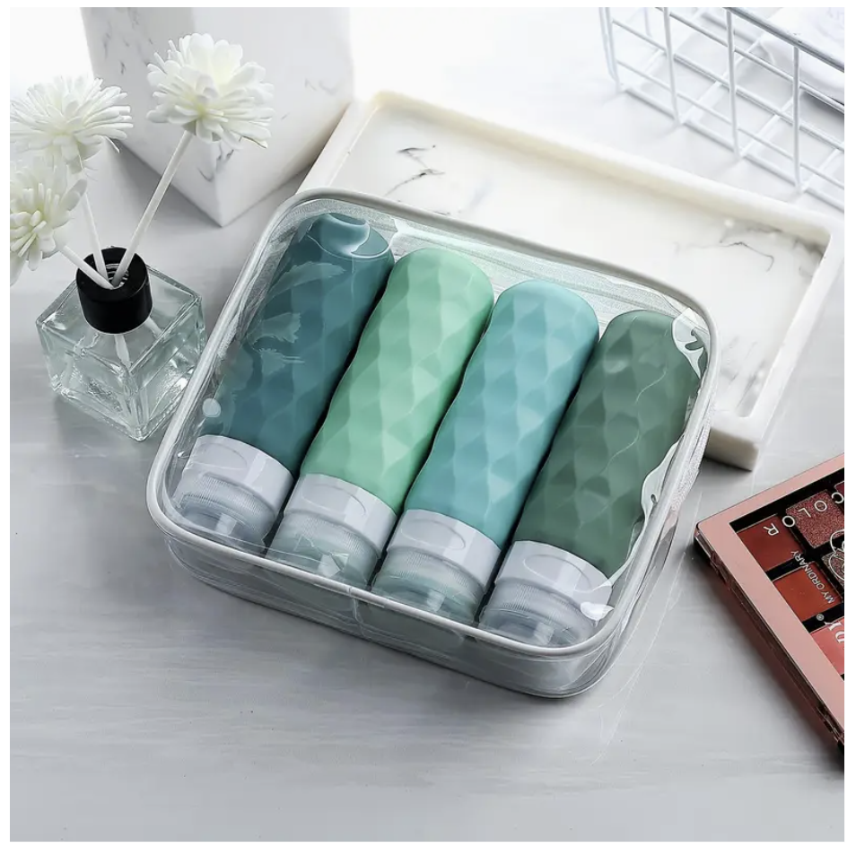 4pcs TSA-Approved Silicone Travel Bottles, 3oz Leak-Proof & Squeezable, Containers in Teal & Green with Chevron Design, Portable Toiletry Accessories for Shampoo, Conditioner, Lotion - Hand Wash Only