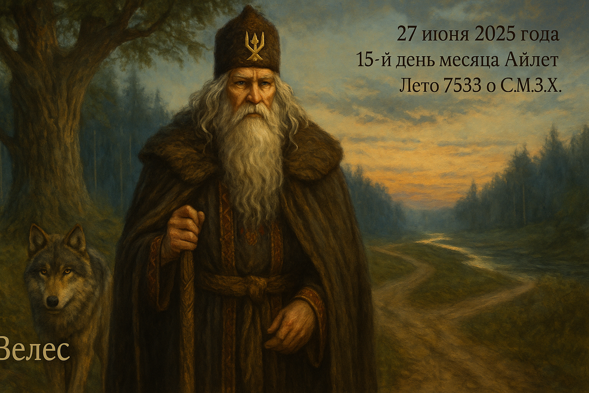 Велес стоит у перепутья: один путь — сквозь туман, второй — вдоль реки, третий — через лес. Он молчит, но в его глазах — знание всех трёх дорог.