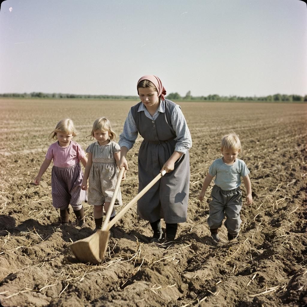 Так ИИ видит моё детское воспоминание о работе с мамой в поле.