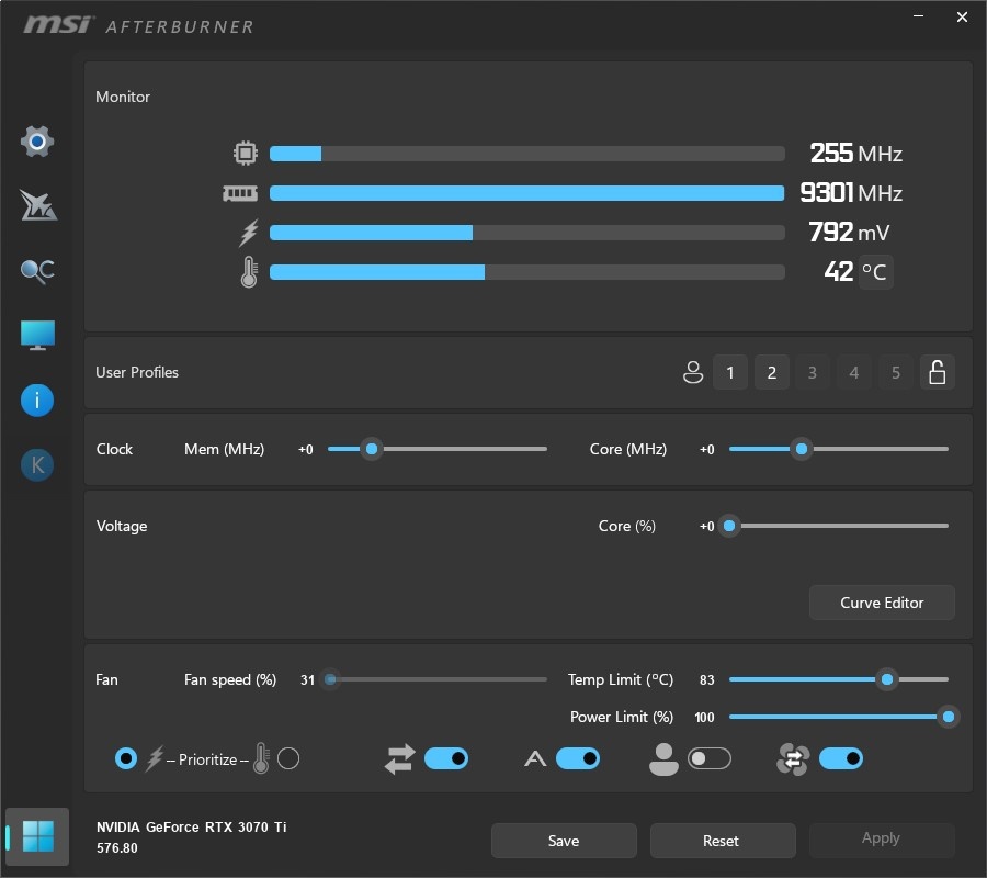 MSI Afterburner также позволяет делать андервольтинг и разгонять видеокарту