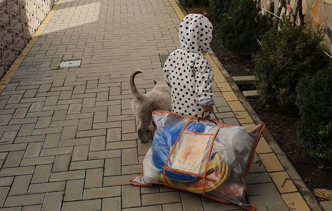 Дочка таскает вещи для заезда в дом