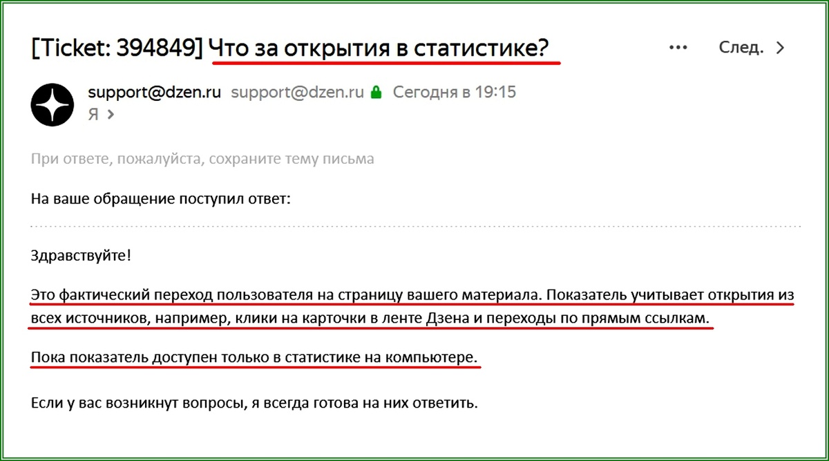 Ответ тех. поддержки Дзена насчёт показателя "открытия"