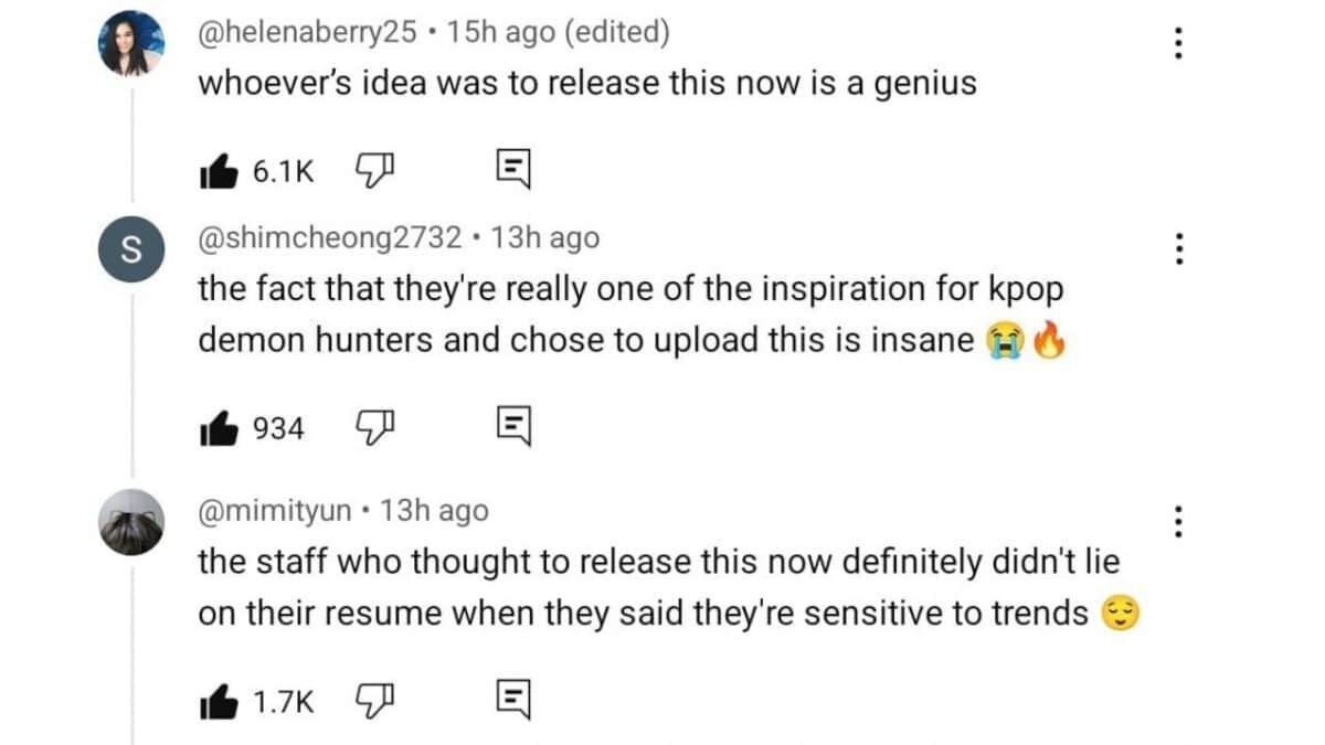    «Чья бы идея ни была выпустить это, она гениальна», «Тот факт, что они были одними из тех, кто послужил вдохновением для «Кей-поп-охотниц на демонов», и решили загрузить это, просто невероятен», «Те сотрудники, которые придумали выложить это, действительно не наврали в своих резюме о том, что у них чутьё на тренды»