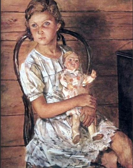 Портрет 9-летней Тани Урлауб написанный Петровым-Водкиным в 1937 году (Портрет Татули). Музейное название картины "Девочка с куклой".