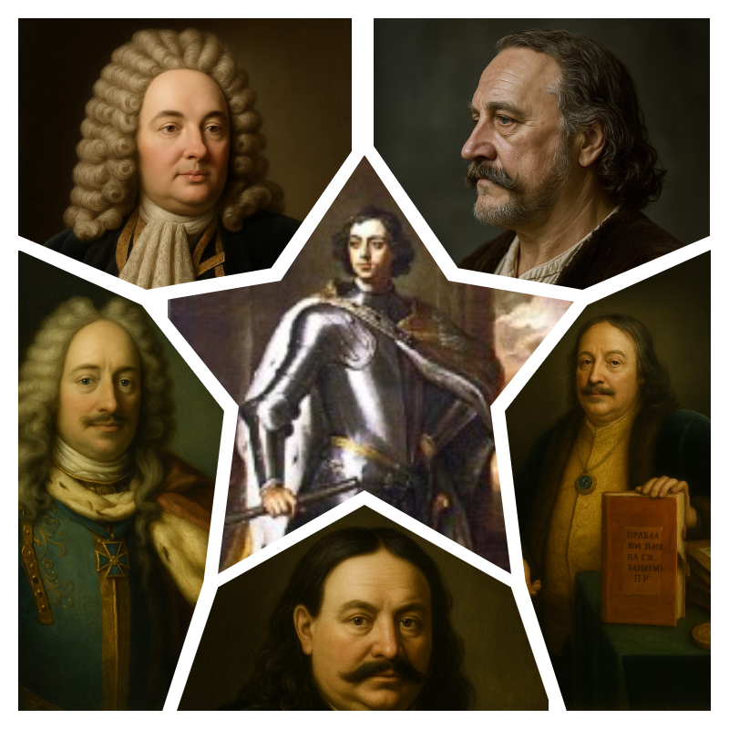 Ближайшее окружение Петра I. Коллаж: портрет царя основан на историческом изображении, портреты его сподвижников выполнены с опорой на сохранившиеся данные и гравюры эпохи. Не является фотографией реальных людей
