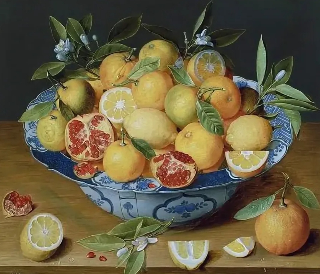 Натюрморт с апельсинами, лимонами и гранатами.