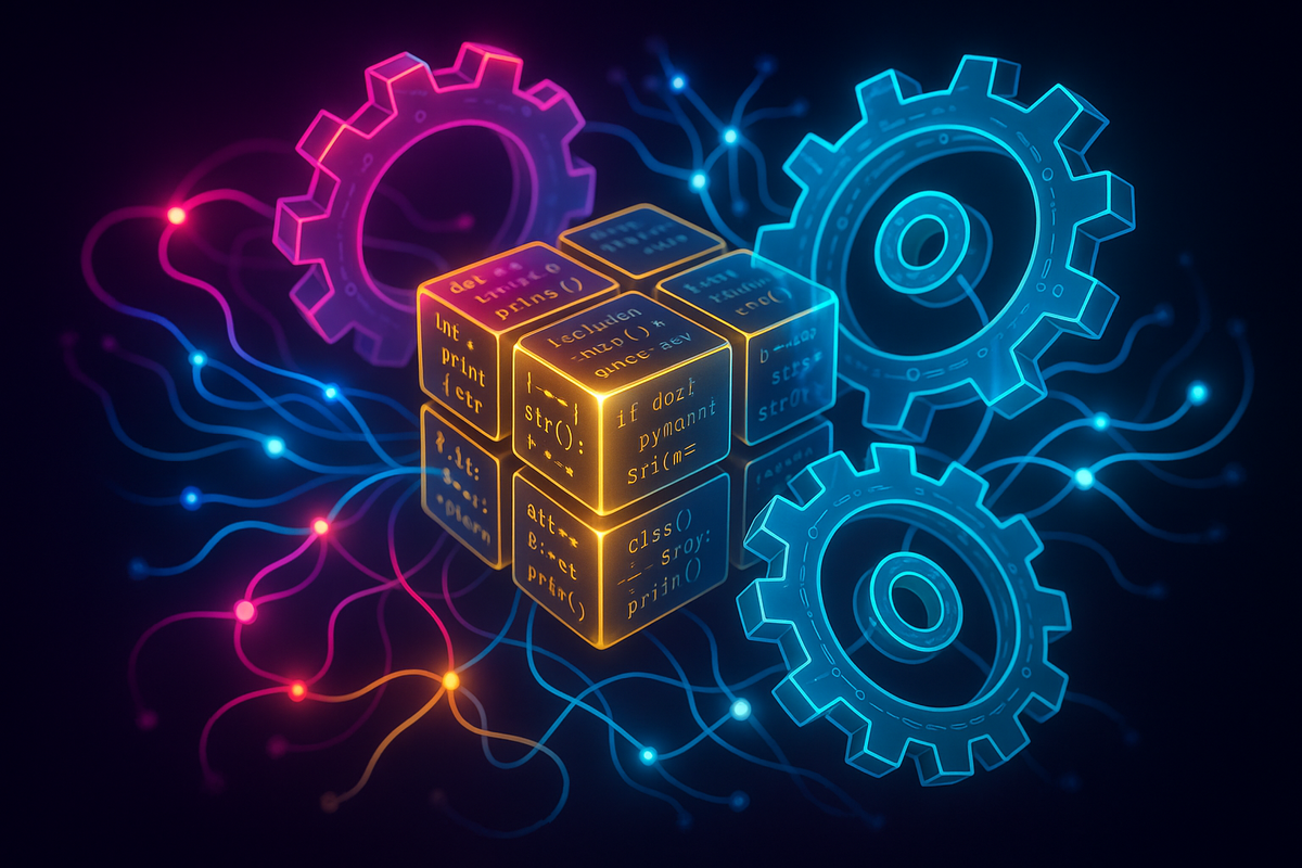 Стеклянные шестерёнки, покрытые строками кода, переплетаются с яркими нейронными потоками, создавая абстрактный «мост» между классическим программированием и гибкими возможностями LLM.