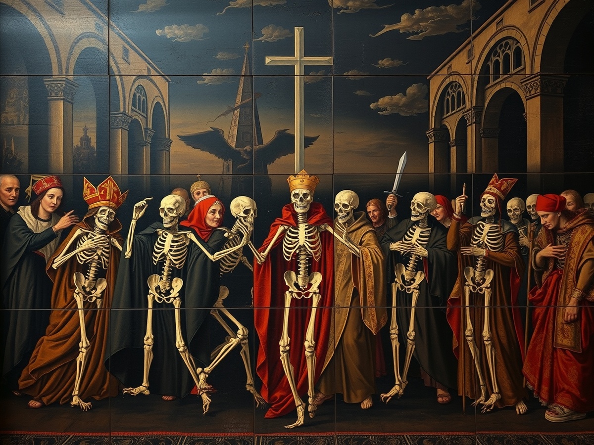 Художественная реконструкция средневековой фрески с мотивом «Пляски смерти»
