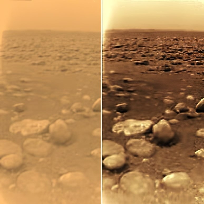 Поверхность Титана, запечатленная "Гюйгенсом". На втором изображении был немного "выкручен" контраст / © ESA/NASA/JPL/University of Arizona