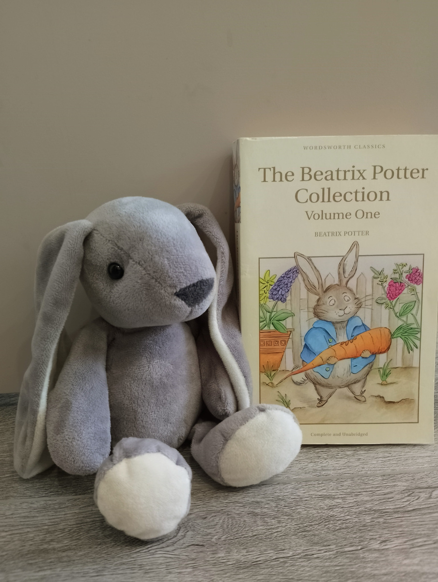 Сборник историй Беатрис Поттер из домашней библиотеки и милый кролик
