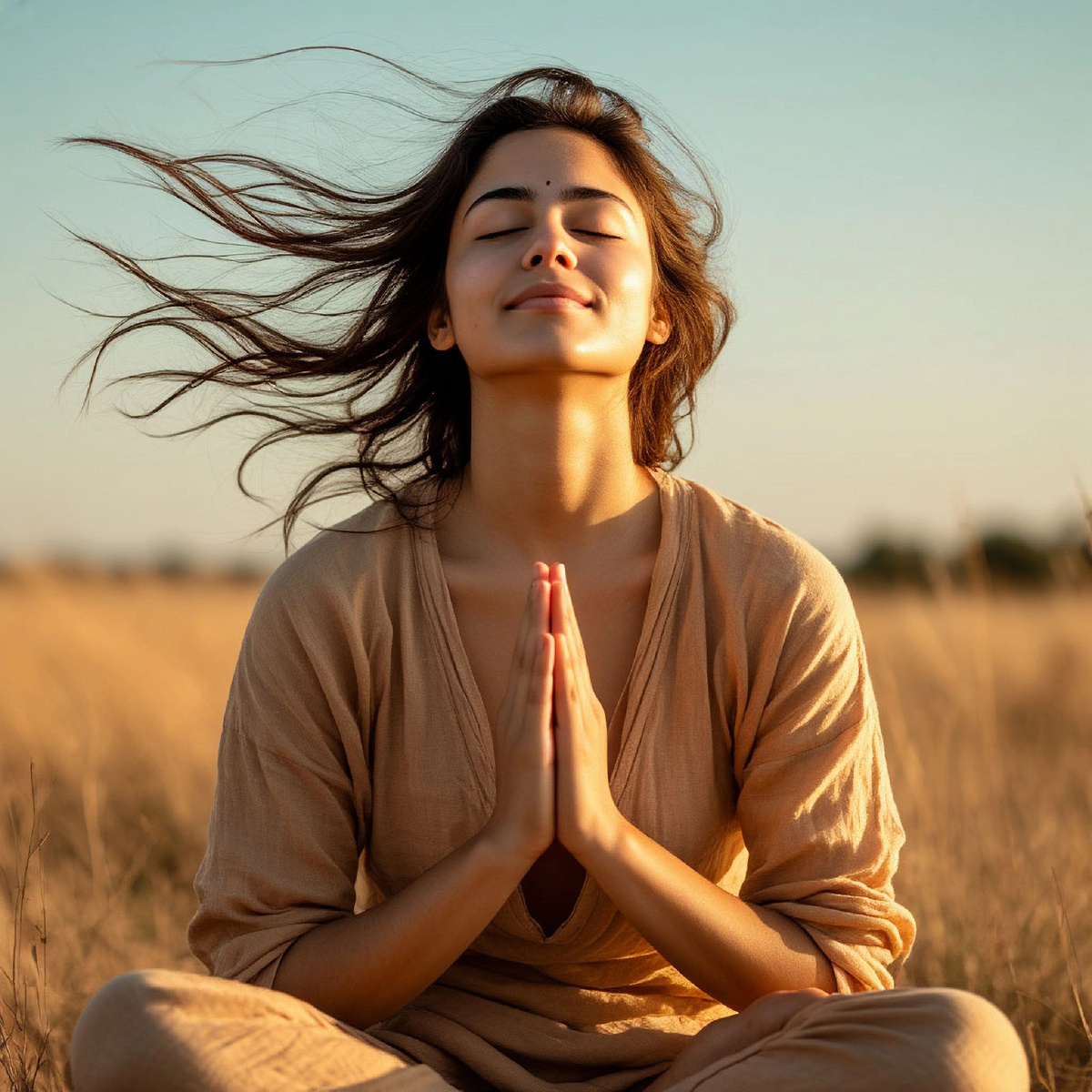 Девушка в позе «лотос» , лицо направлено к солнцу