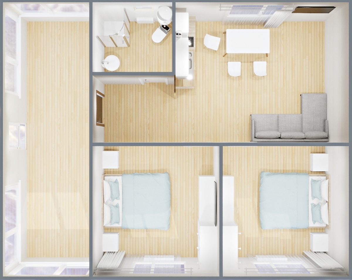 80 квадратных метров продуманной и удобной планировки - две просторных спальни, большая кухня гостиная, ну и конечно безграничная терраса.
Дом для большой семьи.
Просторный.
Твой.