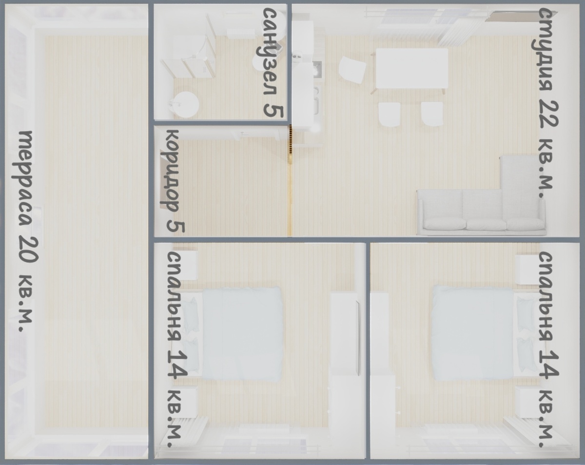 80 квадратных метров продуманной и удобной планировки - две просторных спальни, большая кухня гостиная, ну и конечно безграничная терраса.
Дом для большой семьи.
Просторный.
Твой.