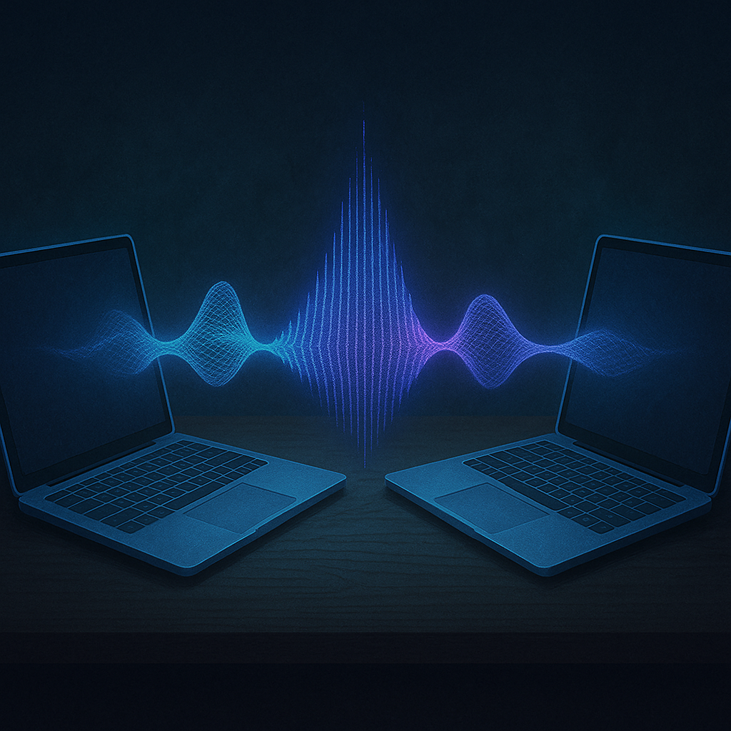 Два обычные на вид ноутбуки «разговаривают» бесшумной синей волнoй ультразвука, визуализирующей скрытую передачу данных без специального оборудования.