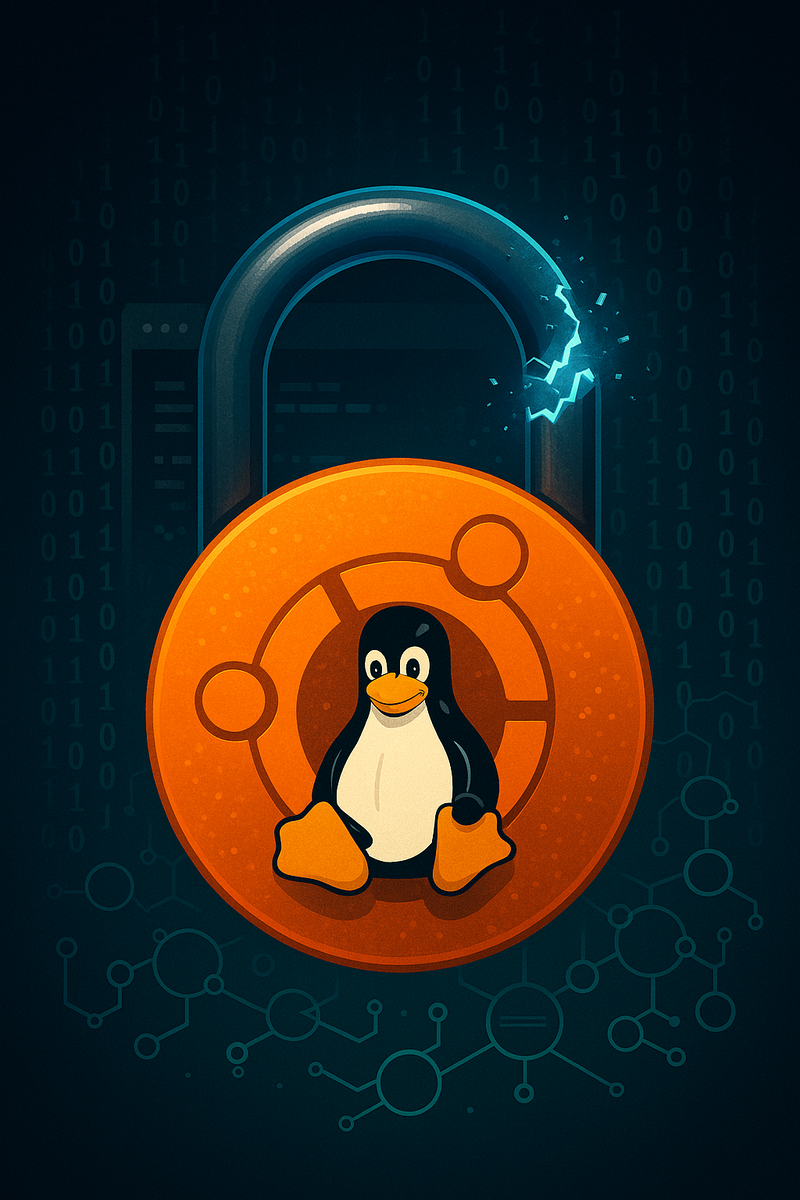 Оранжевый «замок» с логотипом Ubuntu трескается, выпуская синий цифровой разряд — образный намёк на то, как исследователи взломали ограничение непривилегированных пространств имён.