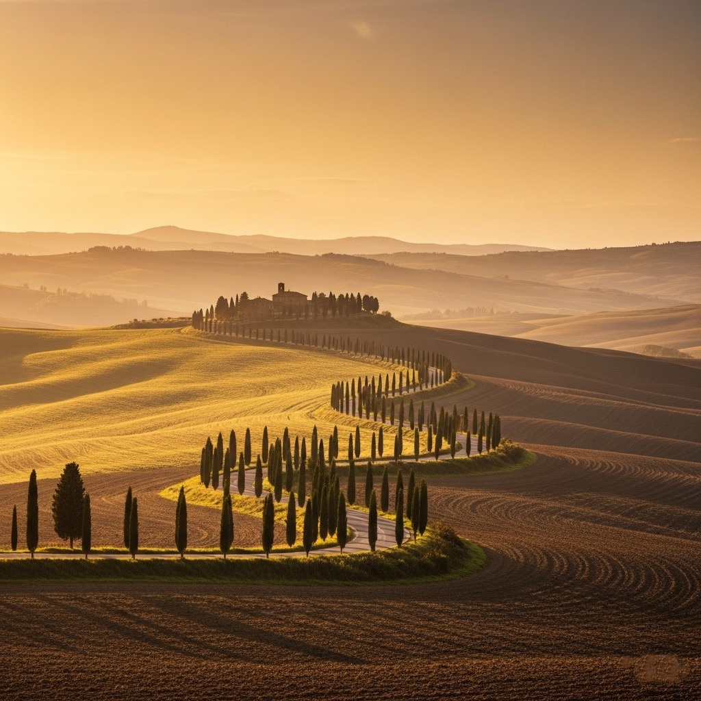 Тосканские холмы с кипарисами на закате