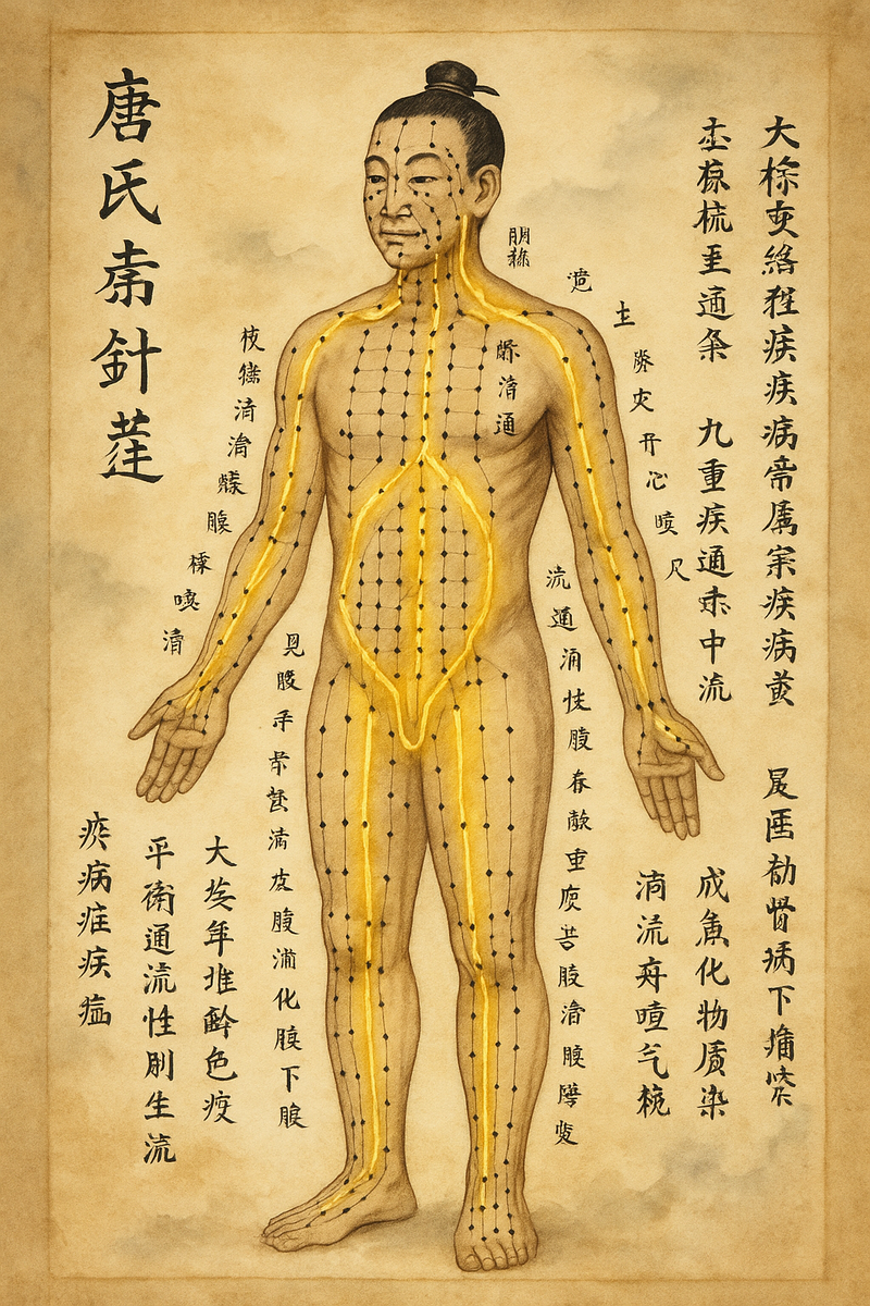 361 акупунктурная точка на 12 основных меридианах и двух дополнительных сосудах (Жэнь и Ду)