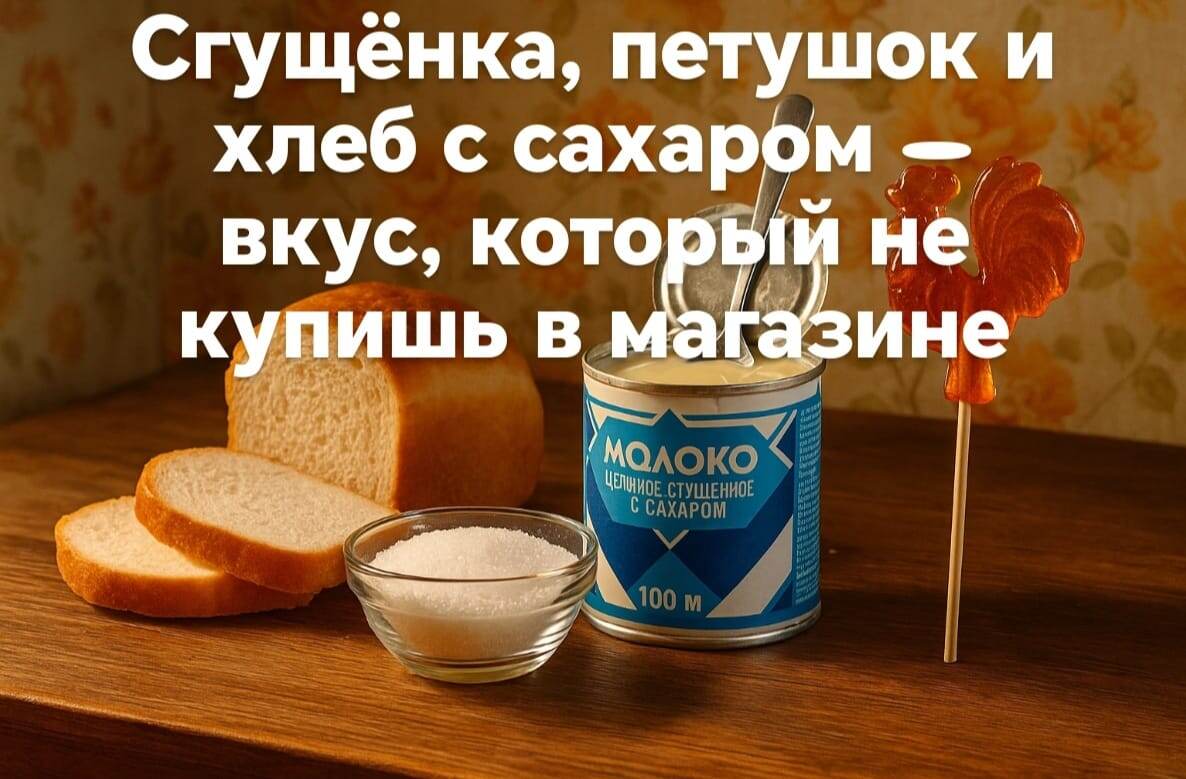 Простые радости советского детства: сгущёнка из банки, карамельный петушок и хлеб с сахаром. Эти лакомства не имели яркой упаковки, но дарили то, чего не найти в супермаркете — тепло, вкус уюта и счастья, которое не купишь за деньги. Мы помним их не из-за состава, а потому что они были частью самого дорогого — нашего детства