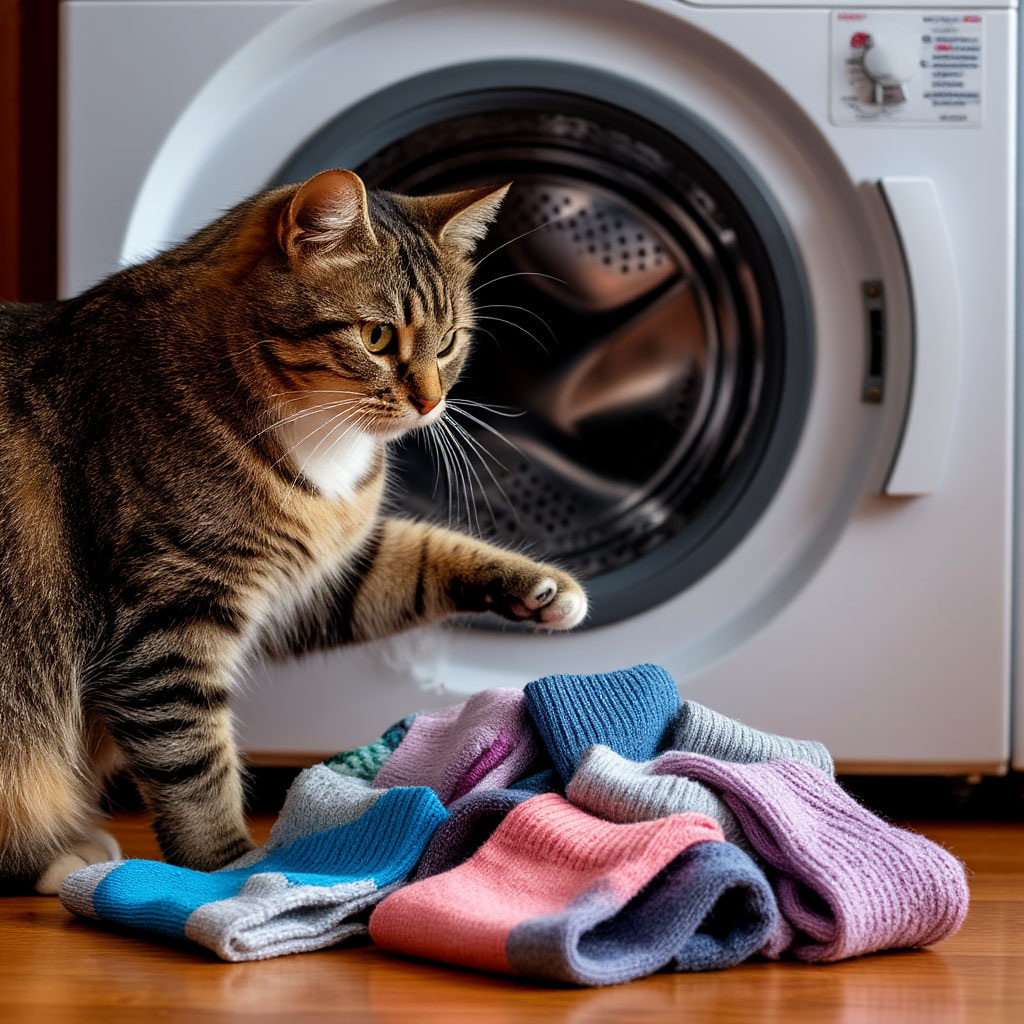 А носки из стиралки поможет вытащить котик.