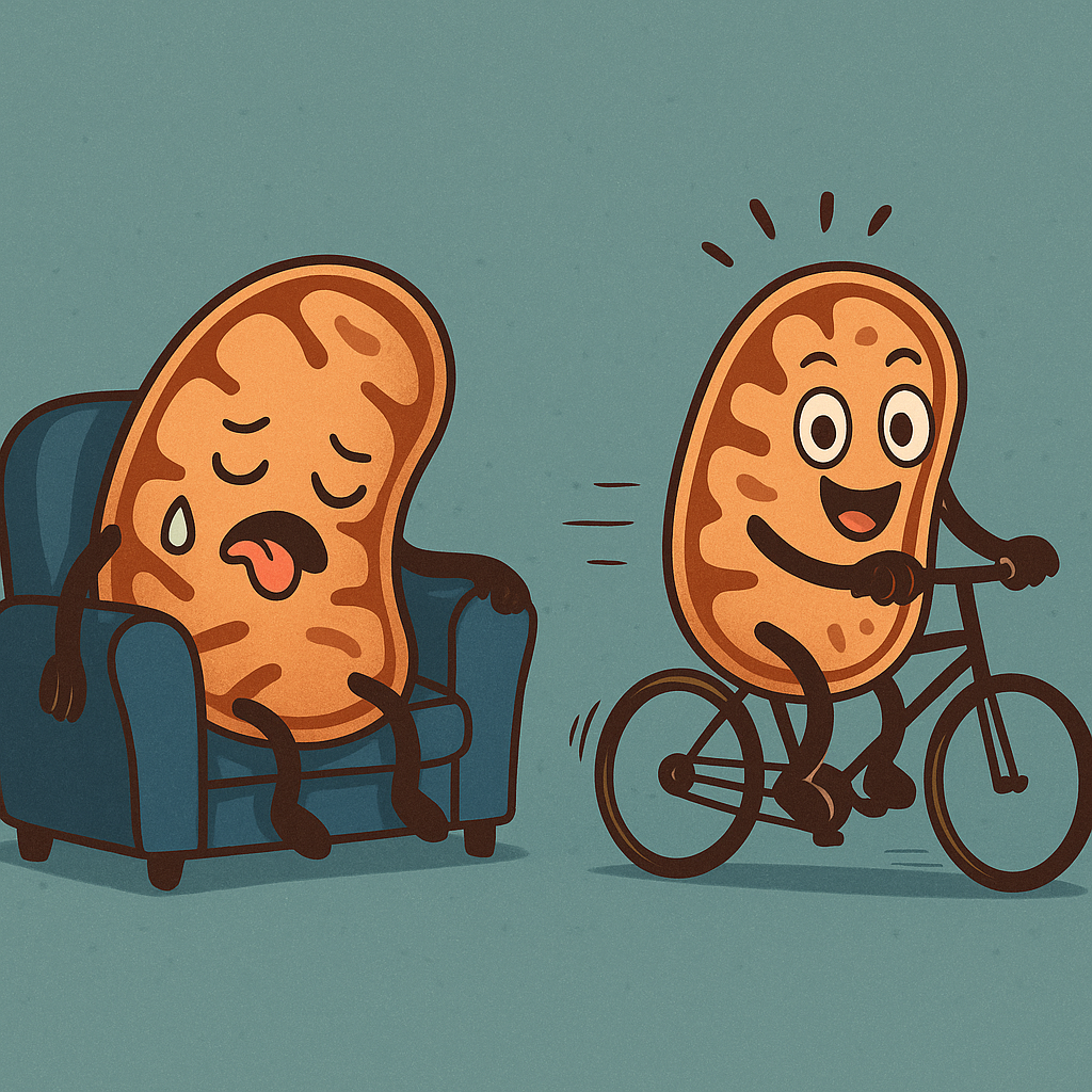 Уставшая митохондрия без движения и энергичная митохондрия на велике)