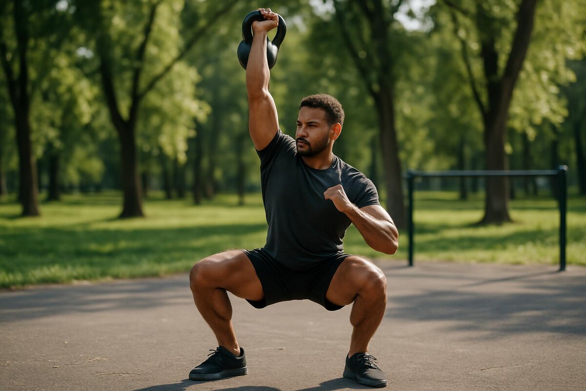 Мужчина приседает с гирей
