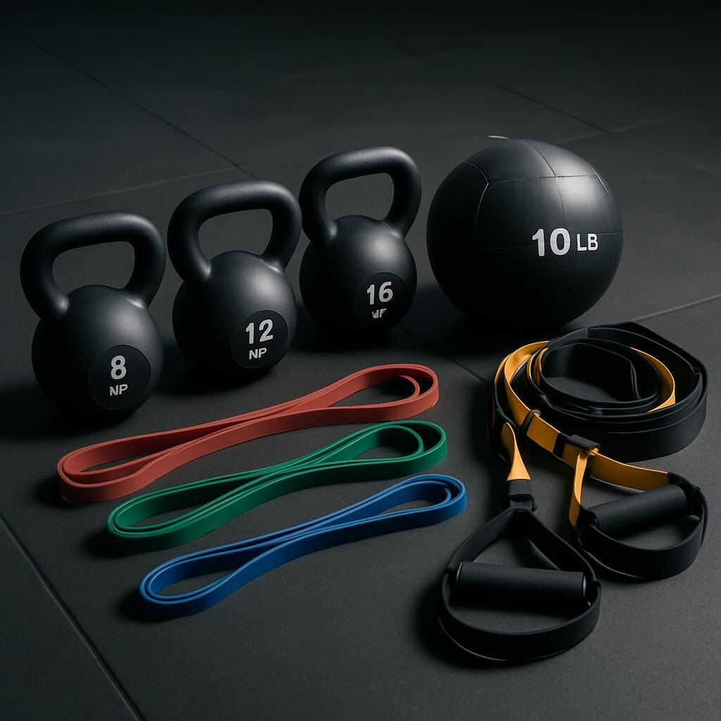 Набор функционального фитнес-инвентаря: гири, медицинбол, эспандеры и петли TRX на черном полу.
