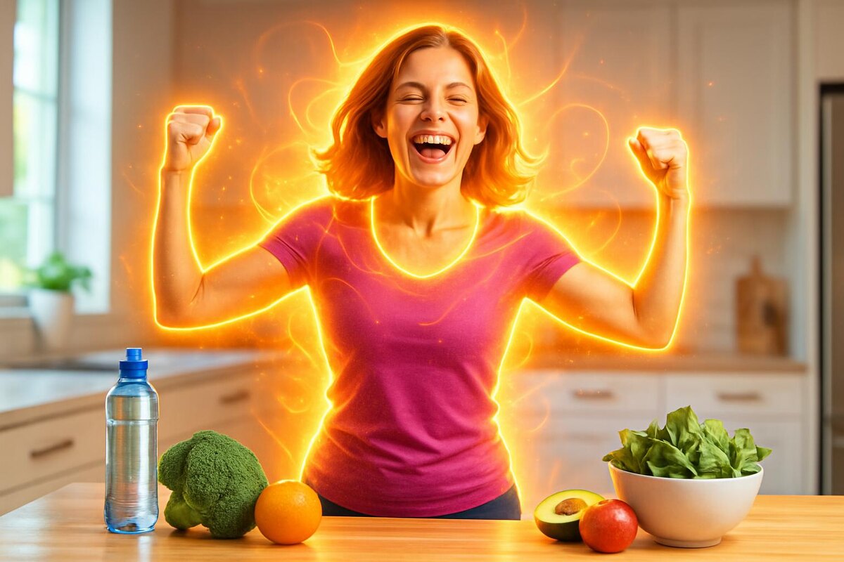 Энергичная женщина с сияющим контуром, окружённая овощами и фруктами, излучает силу и здоровье на кухне.
