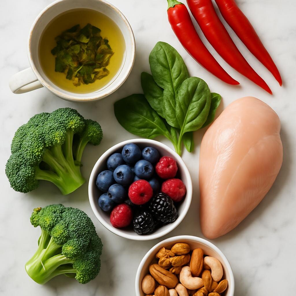 Набор здоровых продуктов на мраморной поверхности: куриная грудка, ягоды, орехи, шпинат, брокколи, острый перец и зелёный чай.
