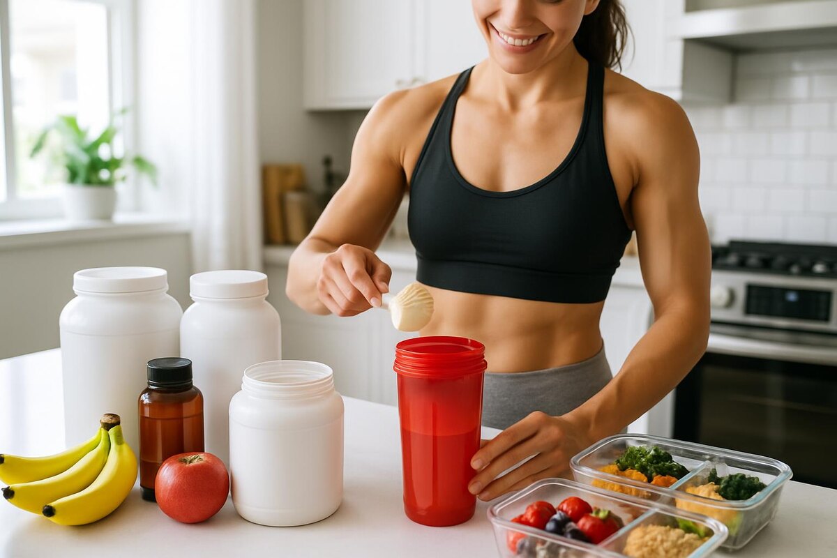Девушка насыпает в шейкер протеин