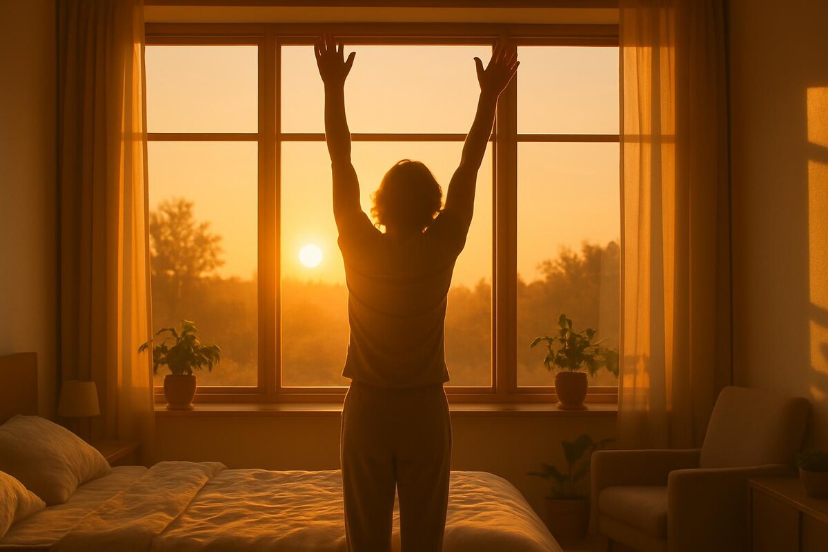 Человек с поднятыми руками напротив окна, за окном восход солнца.