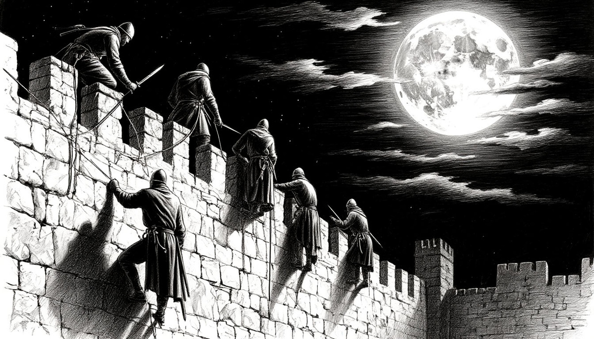 Воины-скалолазы во главе с Аксунгаром бесшумно взбираются на стены вражеской крепости, чтобы открыть ворота